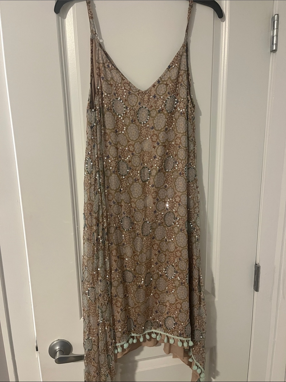 RAGA Beige Beaded Asymmetrical Slip Dress with Mint Tassels